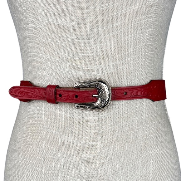 Wrangler Accessories - Vintage Wrangler Red Floral Embossed Western Rodeo Boho Silver Buckle Belt